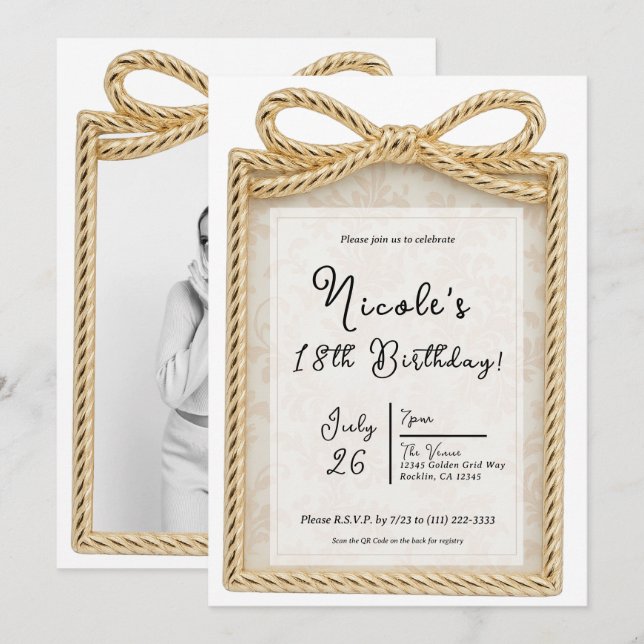 Invitación Marco de foto de regalo presente de arco dorado Fi (Anverso / Reverso)