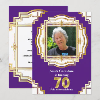 Invitación marco de foto elegante dorado púrpura blanco 70