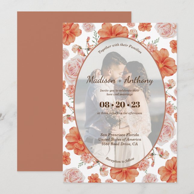 Invitación Marco de foto floral acuarela Boda Terracotta (Anverso / Reverso)