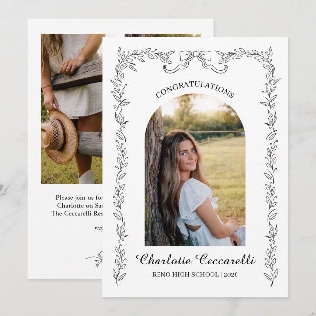 Invitación Marco de foto floral negro elegante graduación (Anverso / Reverso)