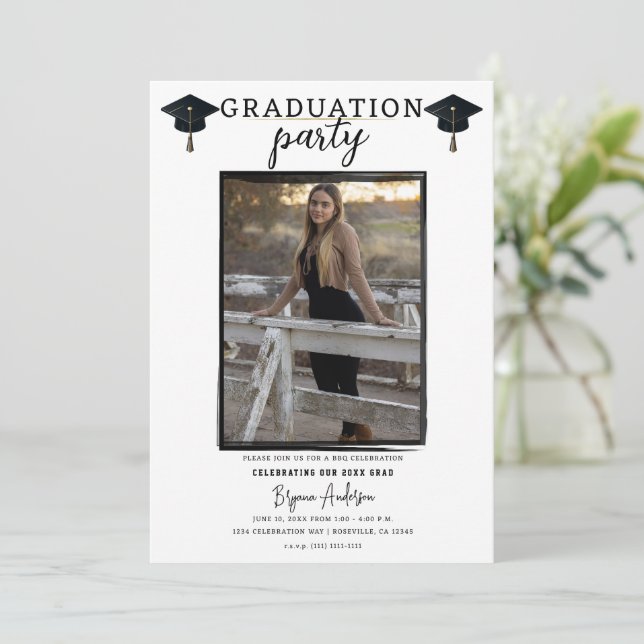 Invitación Marco de foto negro moderno para fiesta de graduac (Anverso de pie)