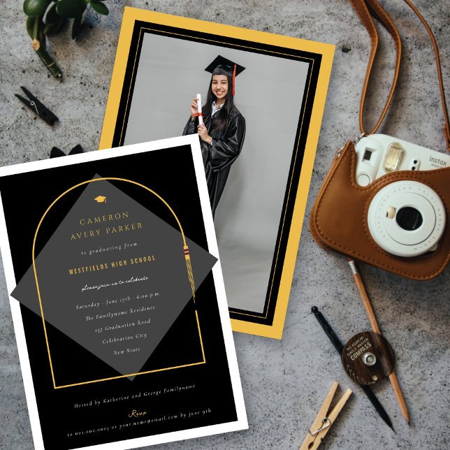 Invitación Marco de Fotos con Borlas de Arco Moderno Fiesta d (Arch Tassels Minimalist Frame Photo Graduation Party Invitation | fatfatin @ zazzle.com/color_therap)