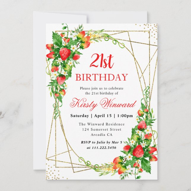Invitación Marco de Fresas Florales Acuarela Cumpleaños 21 (Anverso)