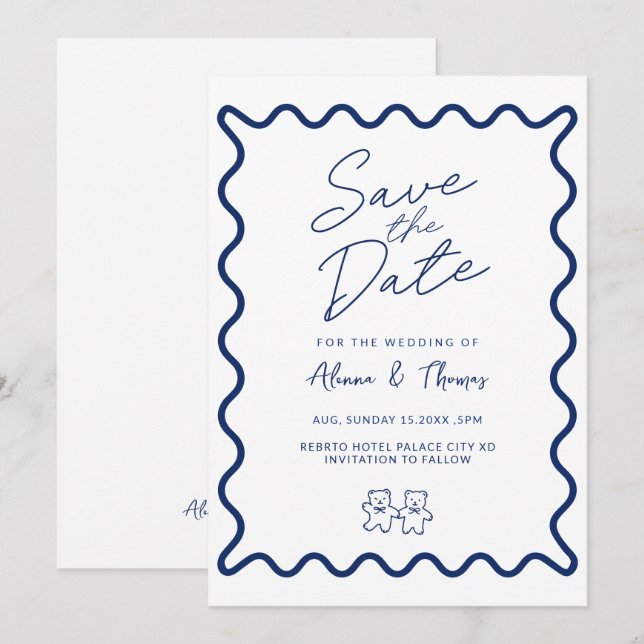 Invitación Marco de garabato elegante azul Guarda la fecha (Anverso / Reverso)