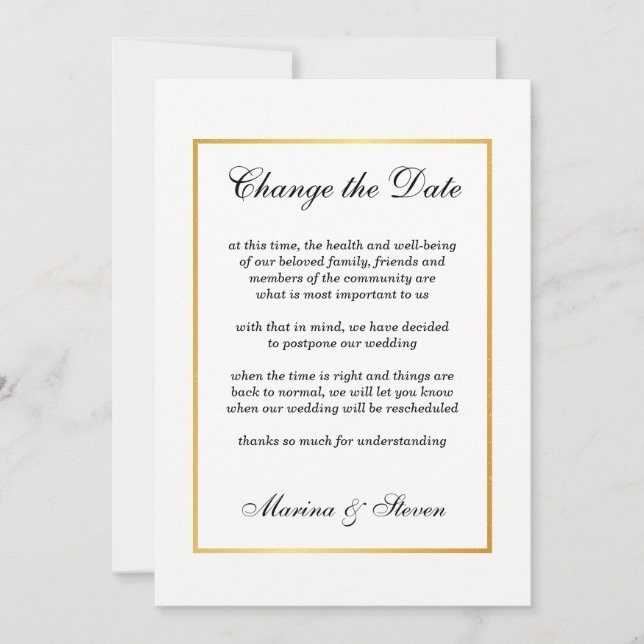 Invitación Marco de Glamour Dorado para Cambio de Fecha de Ev (Anverso)