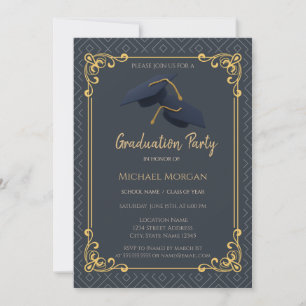 Invitación Marco de gorra de graduación azul geométrico