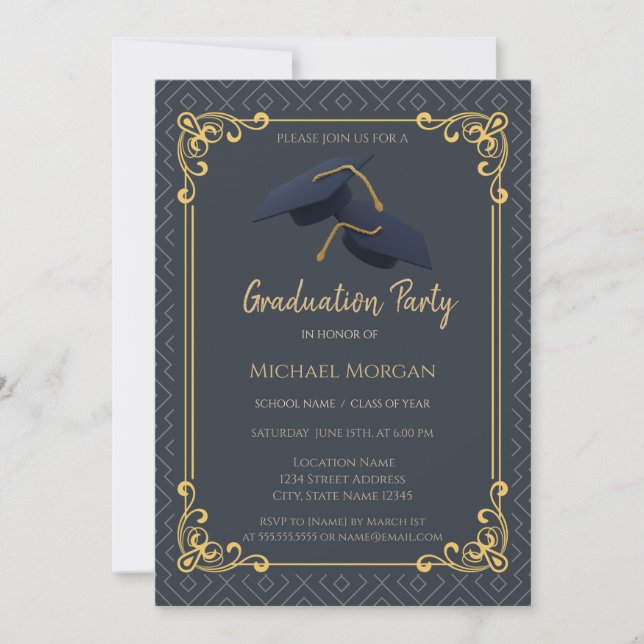 Invitación Marco de gorra de graduación azul geométrico (Anverso)
