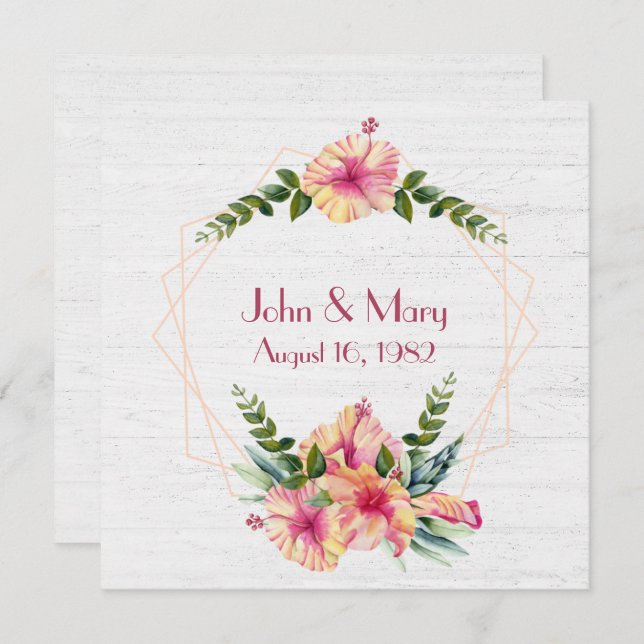 Invitación Marco de hibisco de aniversario en madera blanquea (Anverso / Reverso)