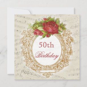 Invitación Marco de hoja de música de rosa roja de cumpleaños