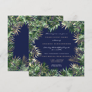 Invitación Marco de hoja de palma verde tropical azul sepia d