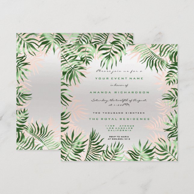 Invitación Marco de hoja de palma verde tropical gris platead (Anverso / Reverso)