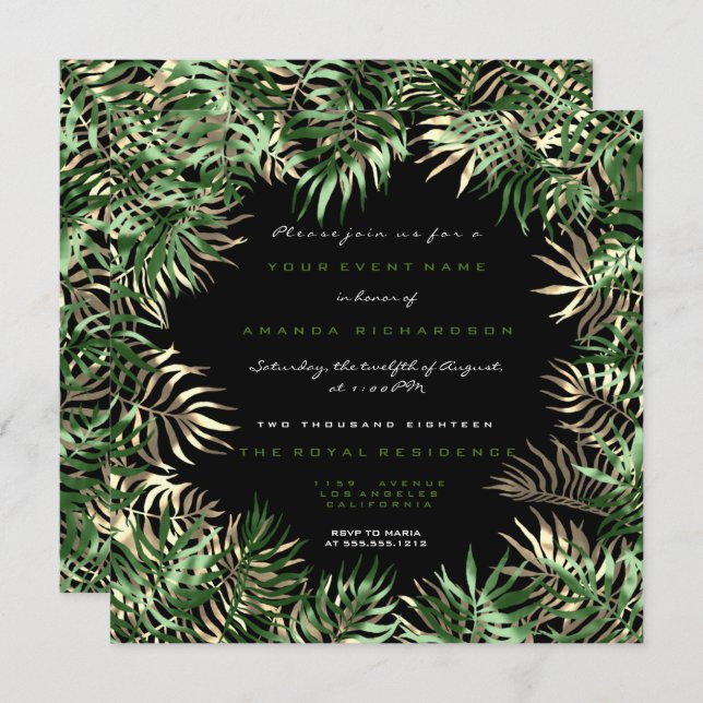 Invitación Marco de hoja de palma verde tropical negro sepia  (Anverso / Reverso)