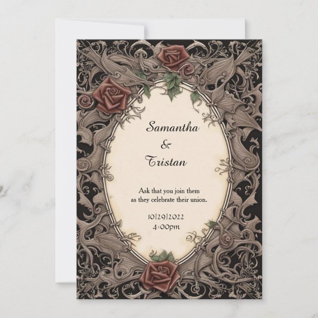Invitación Marco de hoja filigrí y Boda de Gótico de Rosas (Anverso)
