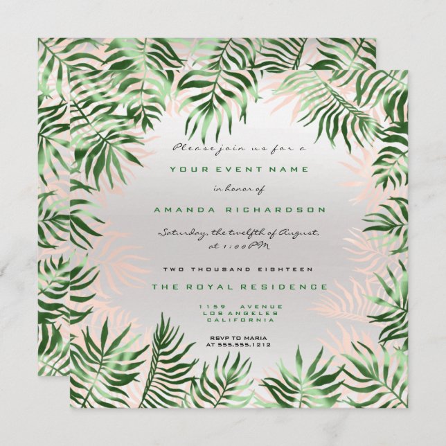 Invitación Marco de hojas de palma verde tropical rosa gris p (Anverso / Reverso)