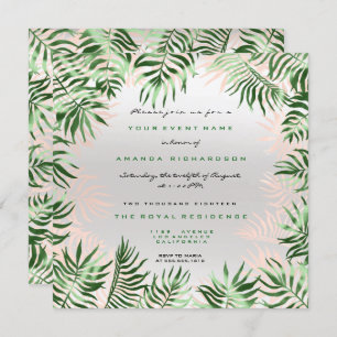 Invitación Marco de hojas de palma verde tropical rosa gris p