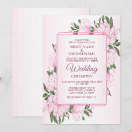 Invitación Marco de hojas verdes florales rosadas boda elegan