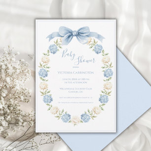 Invitación Marco de Hortensia Azul con Elegante Lazo para Bab