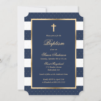 Invitación Marco de la Cruz Azul de Oro Elegante Baptismo de