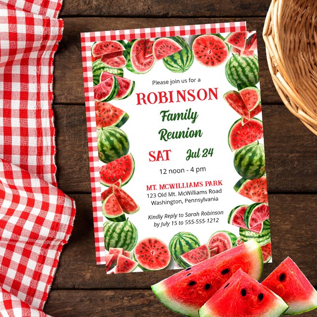 Invitación Marco de las sandías de verano | Reunión de la fam (Fresh Summer Watermelons Frame | Red and White Gingham Checks Family Reunion Invitation)