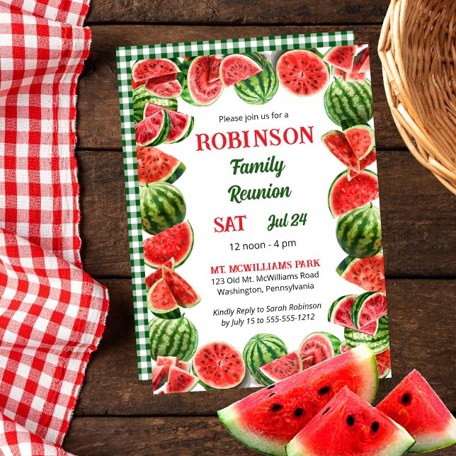 Invitación Marco de las sandías de verano | Reunión de la fam (Fresh Summer Watermelons Frame | Back Green and White Gingham Checks Family Reunion Invitation)