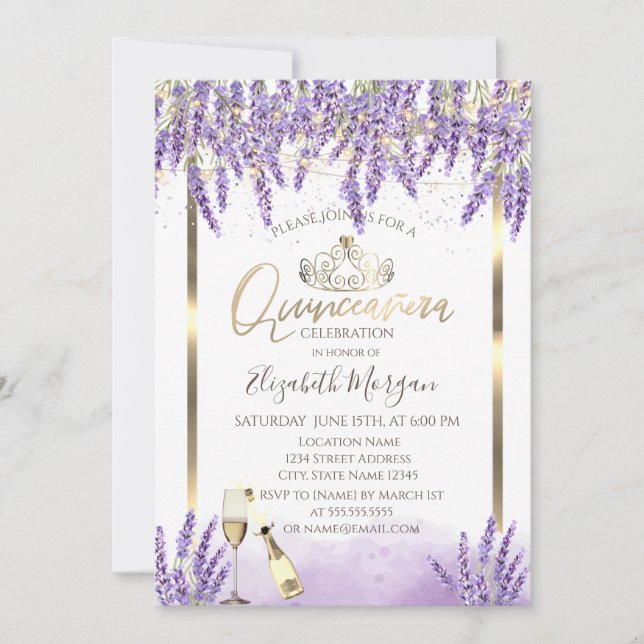 Invitación Marco de lavanda vino Quinceañera (Anverso)