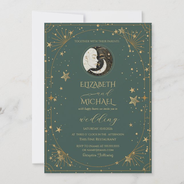 Invitación Marco de luna y sol celestial para boda (Anverso)