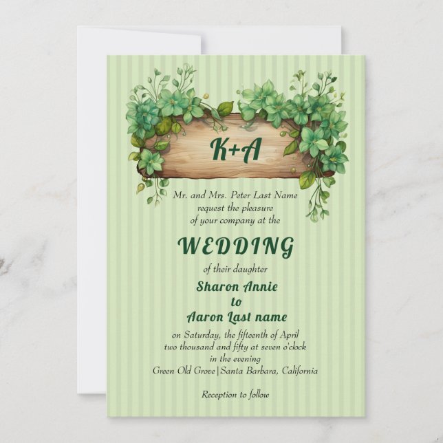 Invitación Marco de madera de vinagre con iniciales boda prim (Anverso)