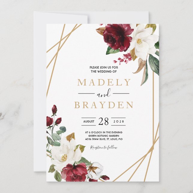 Invitación Marco de Magnolia Burdeos Floral Elegante (Anverso)