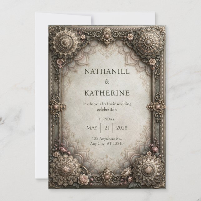 Invitación Marco de Mandala de Bronce Antiguo para Boda (Anverso)