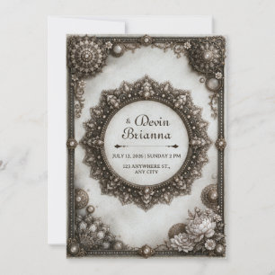 Invitación Marco de Mandala Ornamentado de Plata Antigua Boda
