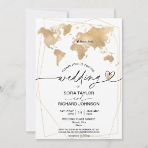 Invitación Marco de Mapa Mundial Dorado Destino de Boda