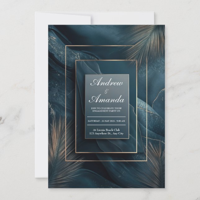 Invitación Marco de Mármol Turquesa Dorado de Lujo Abstracto  (Anverso)