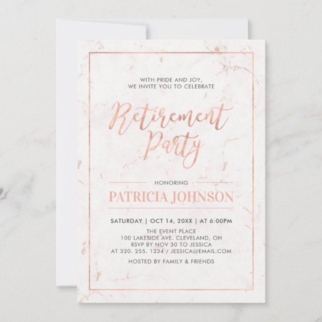 Invitación Marco de mármol y oro rosa | Fiesta de jubilación  (Anverso)