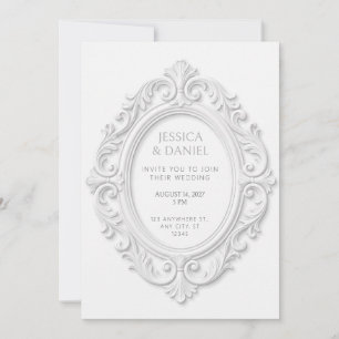Invitación Marco de medallón oval rococó con relieve blanco