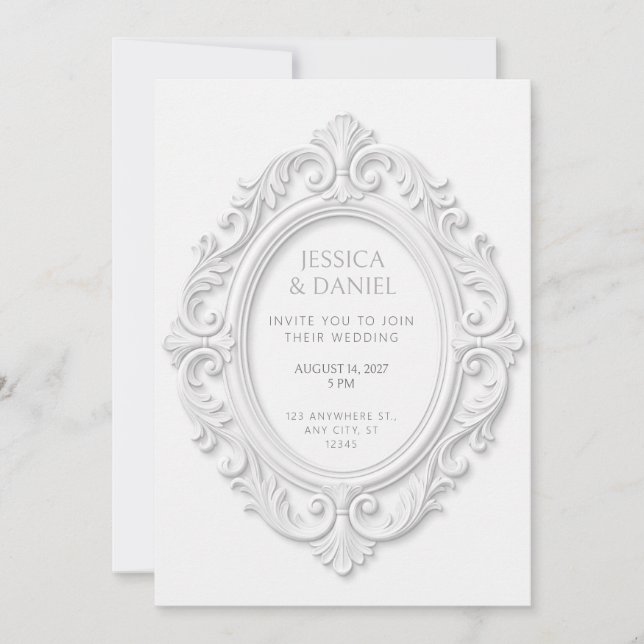 Invitación Marco de medallón oval rococó con relieve blanco (Anverso)