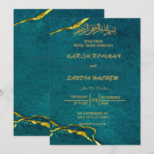Invitación Marco de oro antiguo Boda islámico verde esmeralda