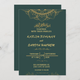 Invitación Marco de oro antiguo Boda islámico verde esmeralda