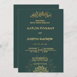 Invitación Marco de oro antiguo Boda islámico verde esmeralda