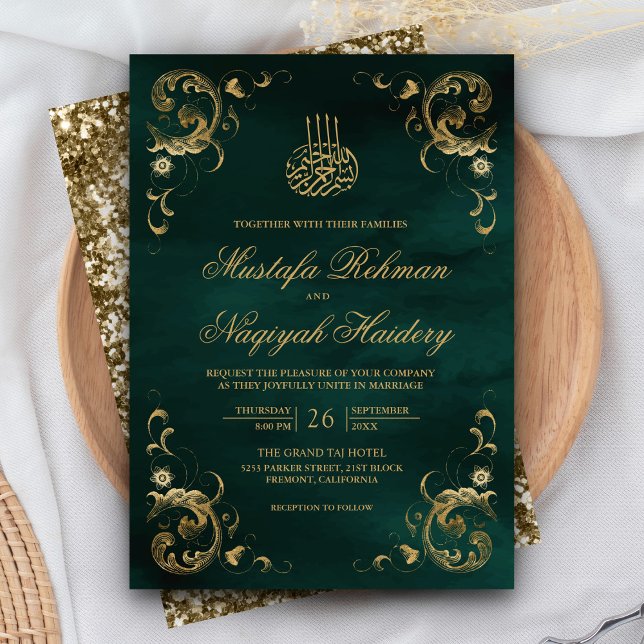 Invitación Marco de oro antiguo Boda islámico verde esmeralda (Subido por el creador)
