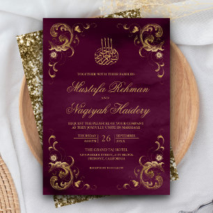 Invitación Marco de oro antiguo Ciruela Púrpura Boda Islámica