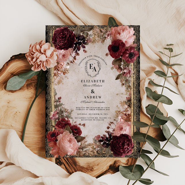 Invitación Marco de oro antiguo con flores rojas profundas (Subido por el creador)