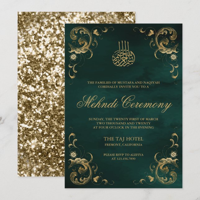 Invitación Marco de oro antiguo Mehndi verde esmeralda islámi (Anverso / Reverso)