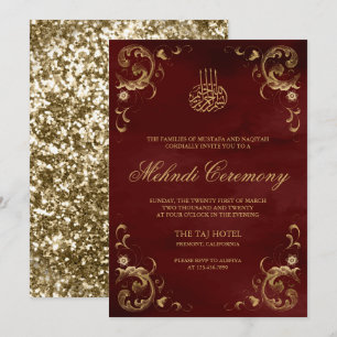 Invitación Marco de Oro Antiguo Rojo Burdeos Islámico Mehndi