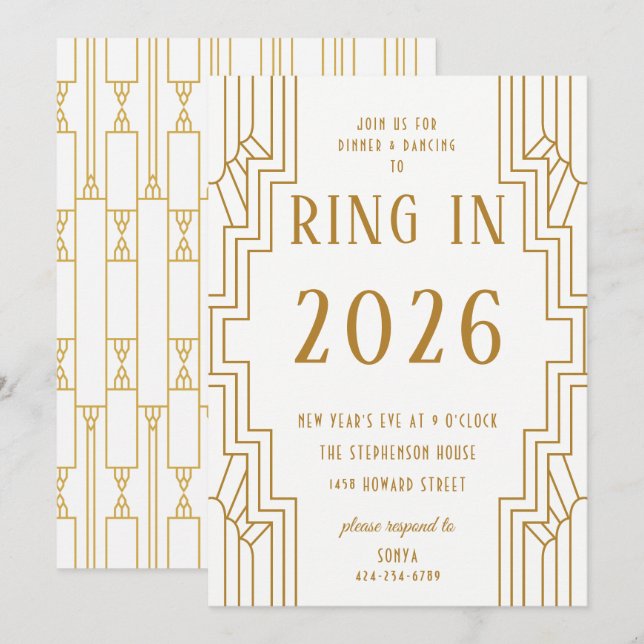 Invitación Marco de oro Art Deco Fiesta de Nochevieja (Anverso / Reverso)