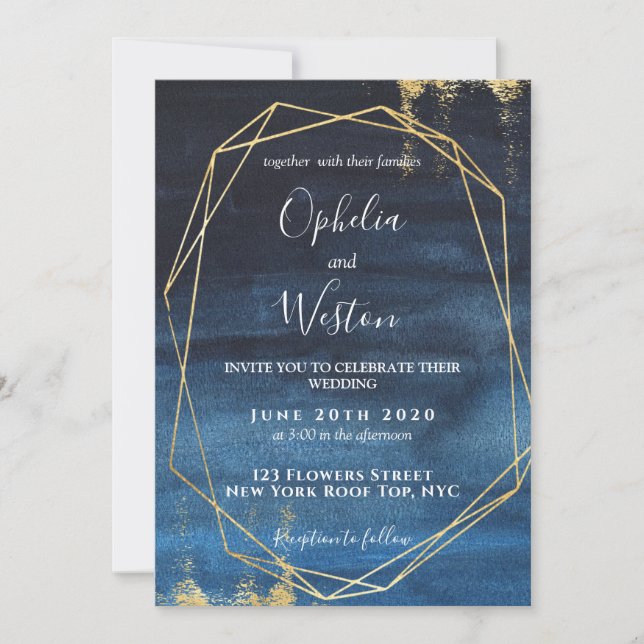 Invitación Marco de oro azul marino Elegante Boda de lujo (Anverso)