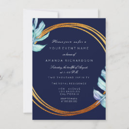 Invitación Marco de oro azul marino monograma tropical boda