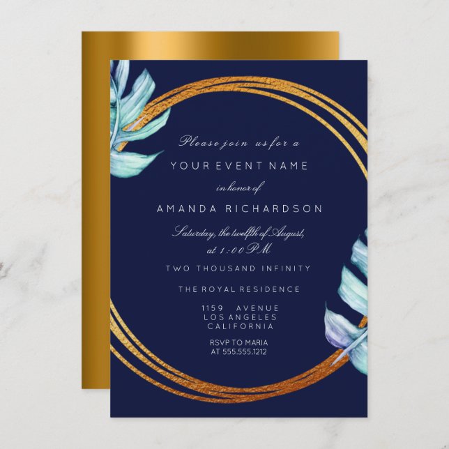Invitación Marco de oro azul marino Monograma Tropical Boda N (Anverso / Reverso)