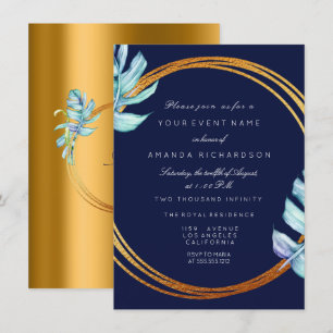 Invitación Marco de oro azul marino monograma tropical boda n