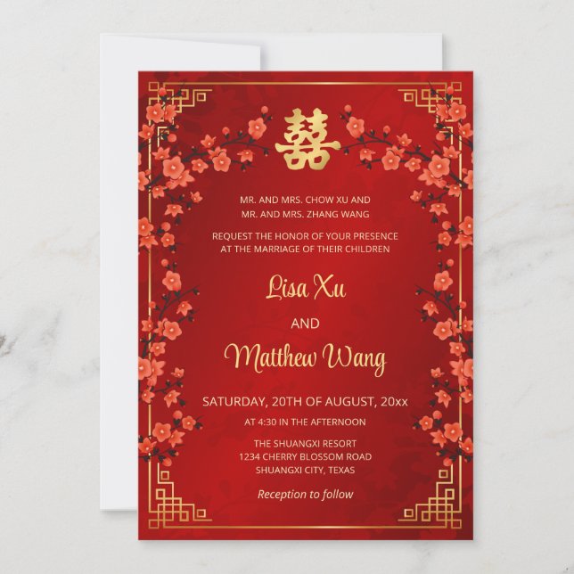 Invitación Marco de oro BILINGÜE Boda Chino Rojo (Anverso)
