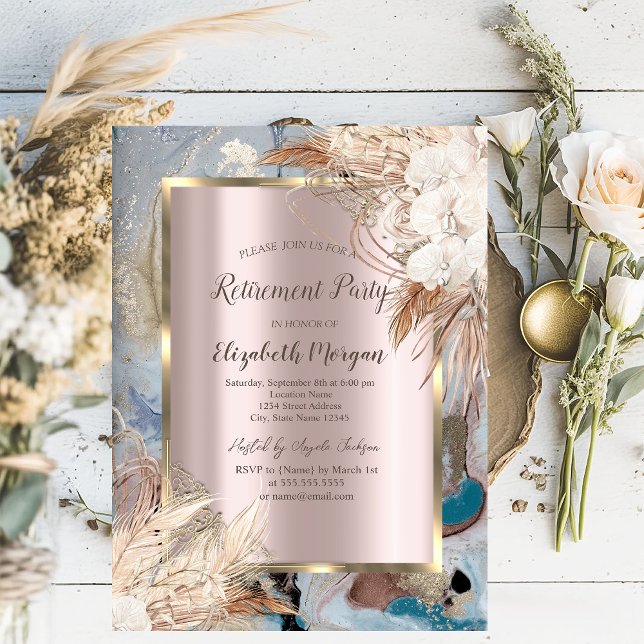 Invitación Marco de oro boho floral, Rosa dorada, Jubilación  (Subido por el creador)